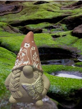 Whimsical Terracotta-Hat Garden Gnome Sculpture in Cream